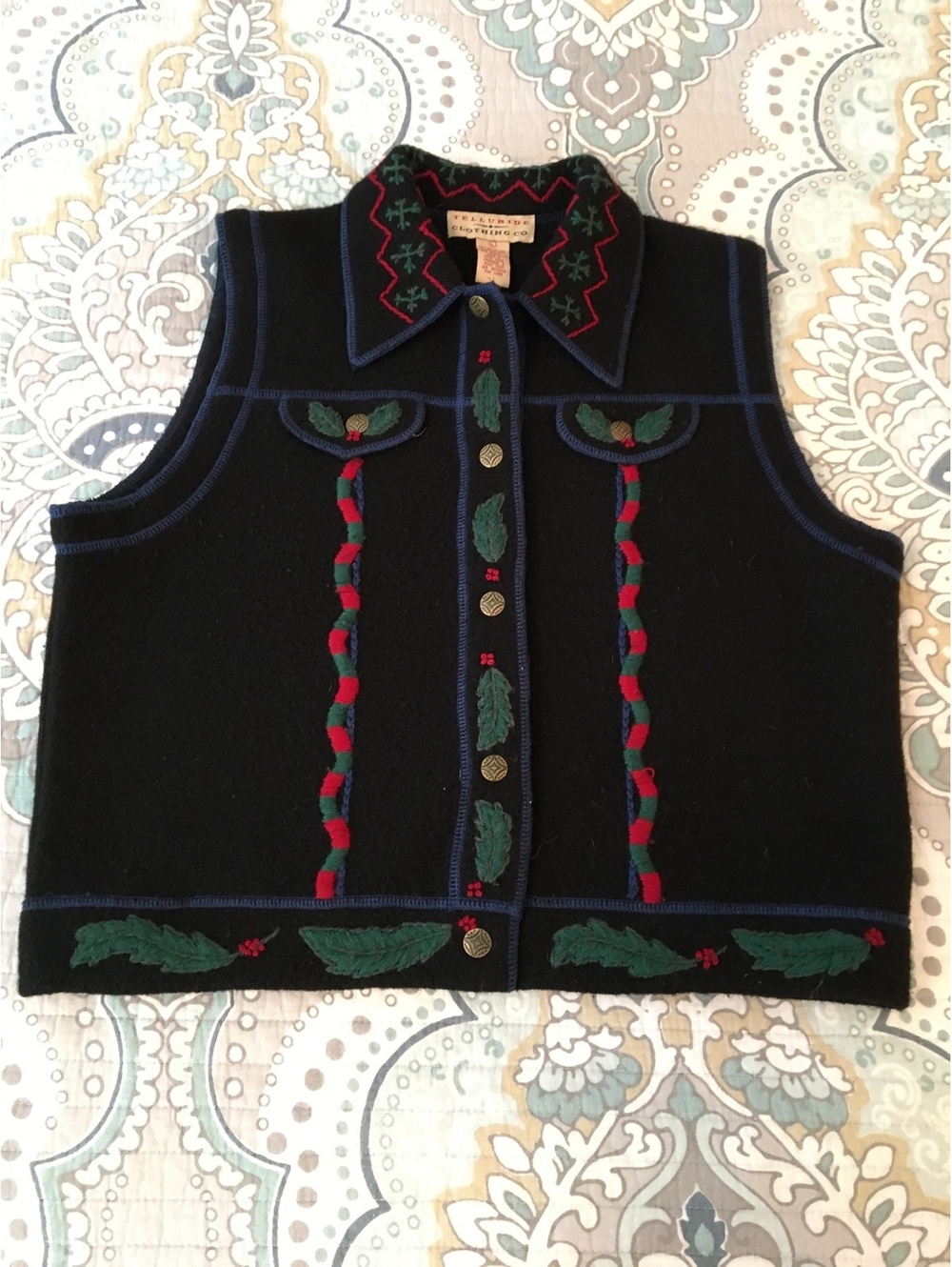 Vintage Telluride Clothing Co. Black Wool Embroidered Vest Size Large